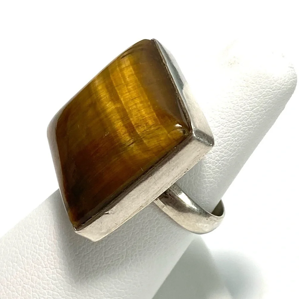 Tiger’s Eye 925 Artisan Native Ring Sterling Silver Size 7.25 Square 11.82g